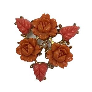 Vintage V- Shaped Floral and Faux Pearl Brooch